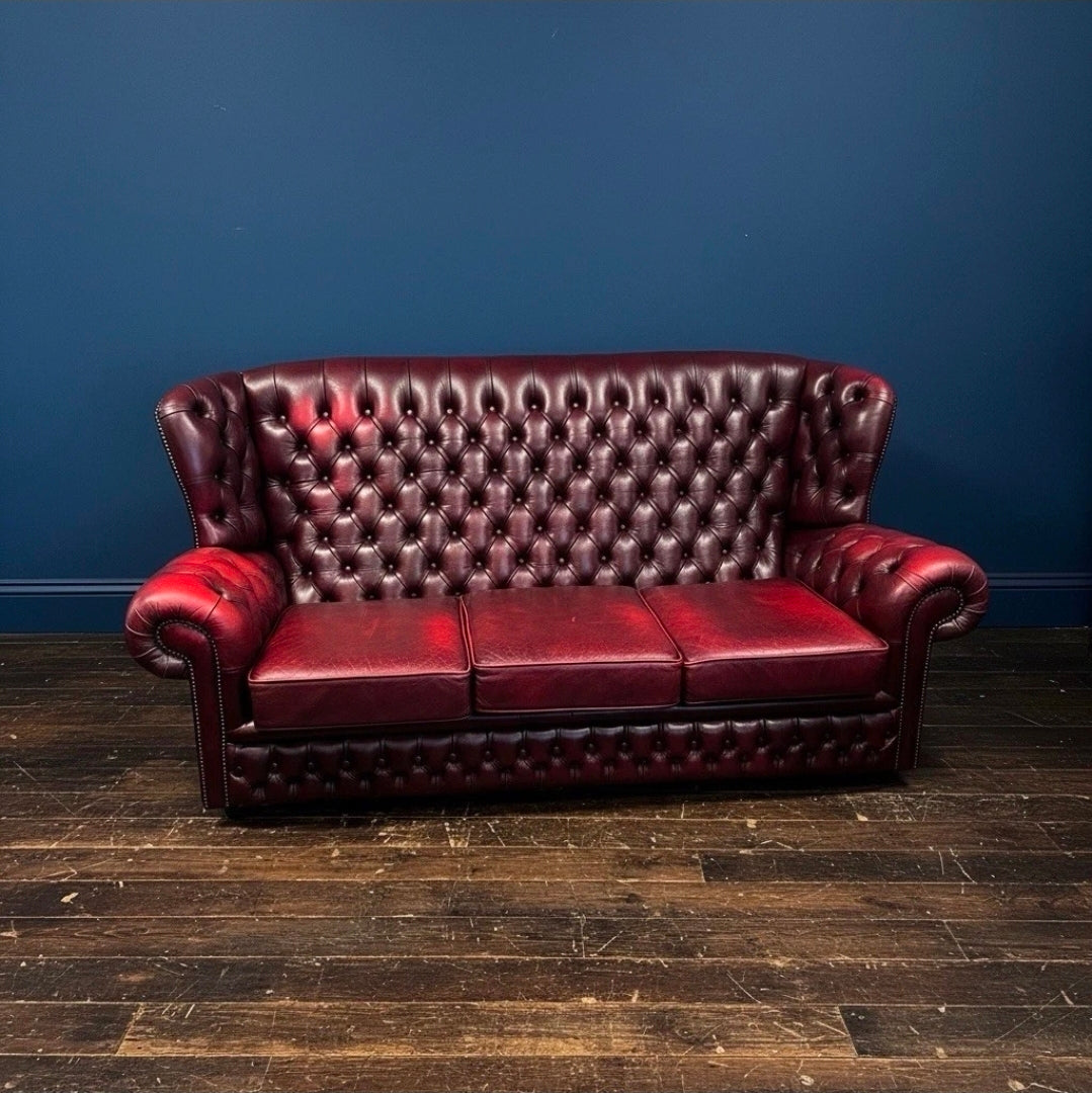 Vintage Oxblood Leather Chesterfield 3 seater Wingback Sofa, 1960s, Castors