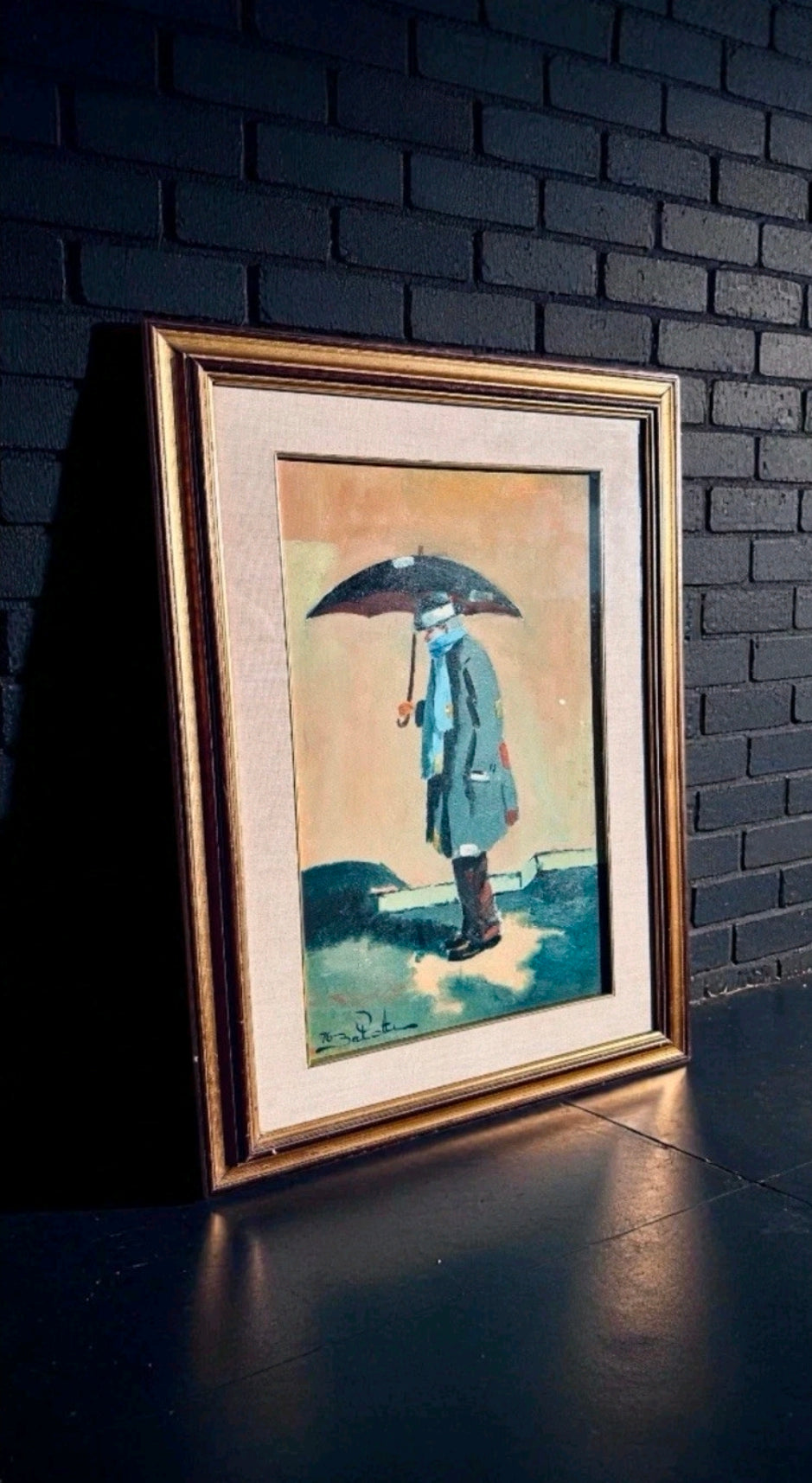 Original Signed Painting ‘Man With Umbrella’ Italian, Framed, Small. Collectable
