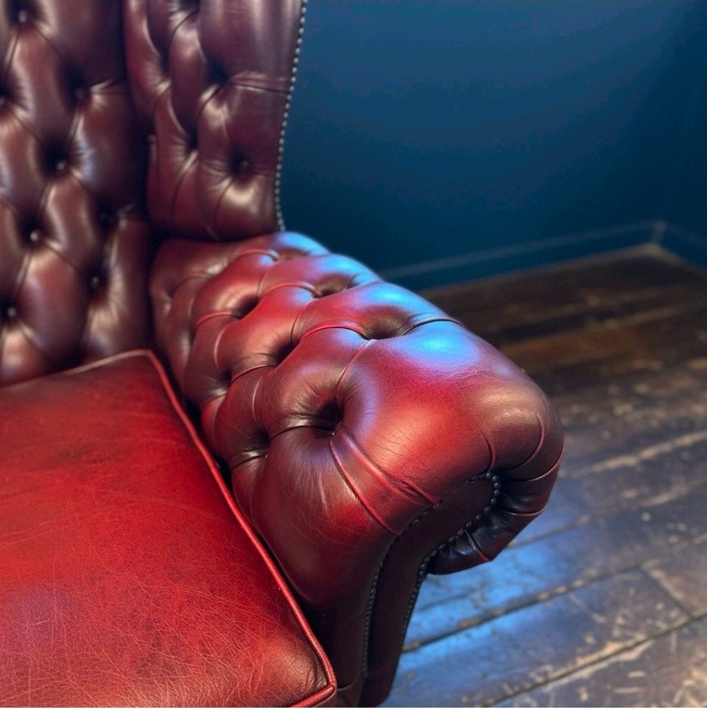 Vintage Oxblood Leather Chesterfield 3 seater Wingback Sofa, 1960s, Castors