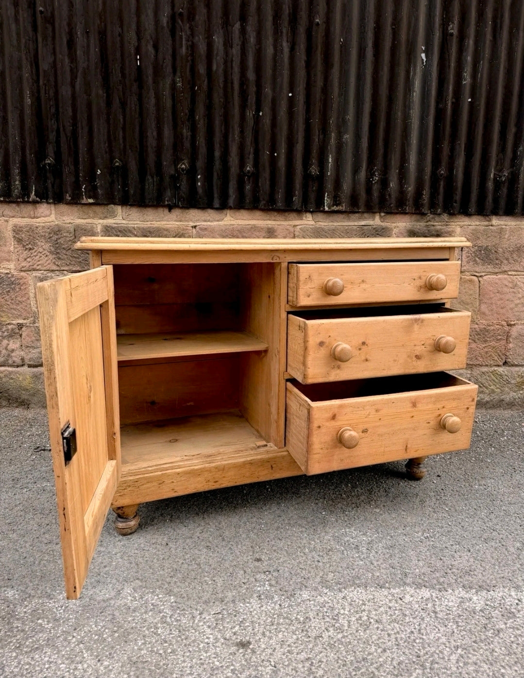 Victorian Pine Dresser Base/Sideboard. Three Drawers, Country, Cottage. Original