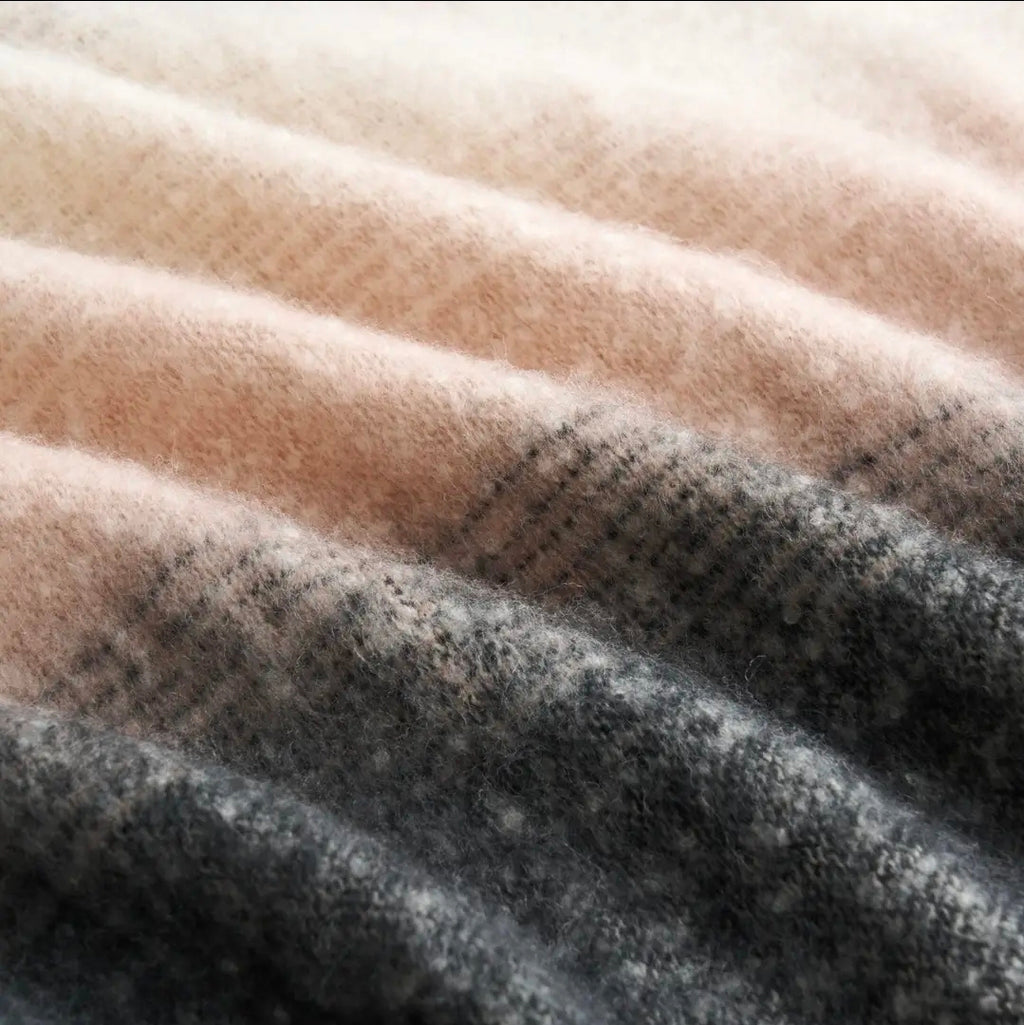 Ombre Faux Mohair Throw - Soft Fringed Blanket (Grey)