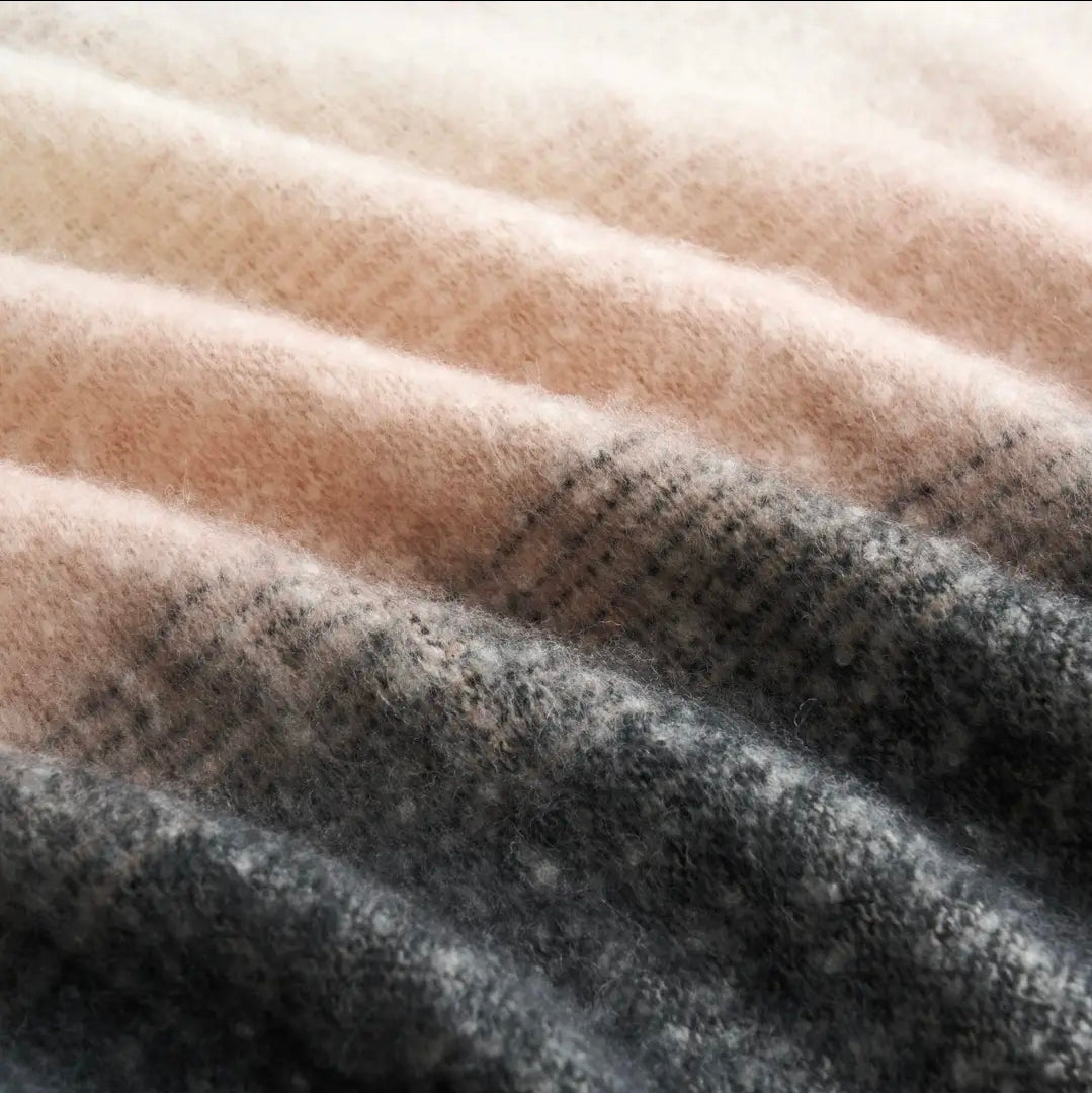 Ombre Faux Mohair Throw - Soft Fringed Blanket (Grey)