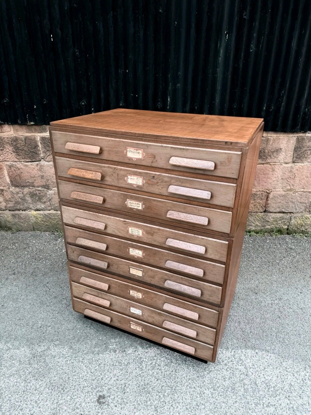 Large Mid Century Oak Architects Plan Chest. 9 Drawers, Vintage, Storage, Office