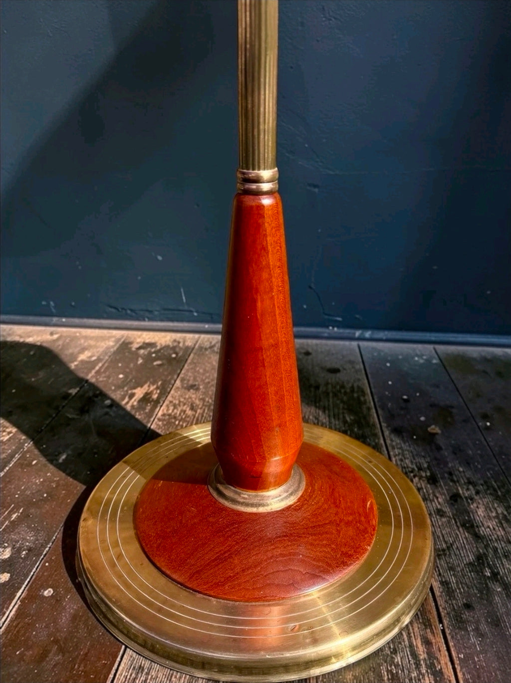 Mid-Century Danish Teak & Brass Floor Lamp, Original, Round Base