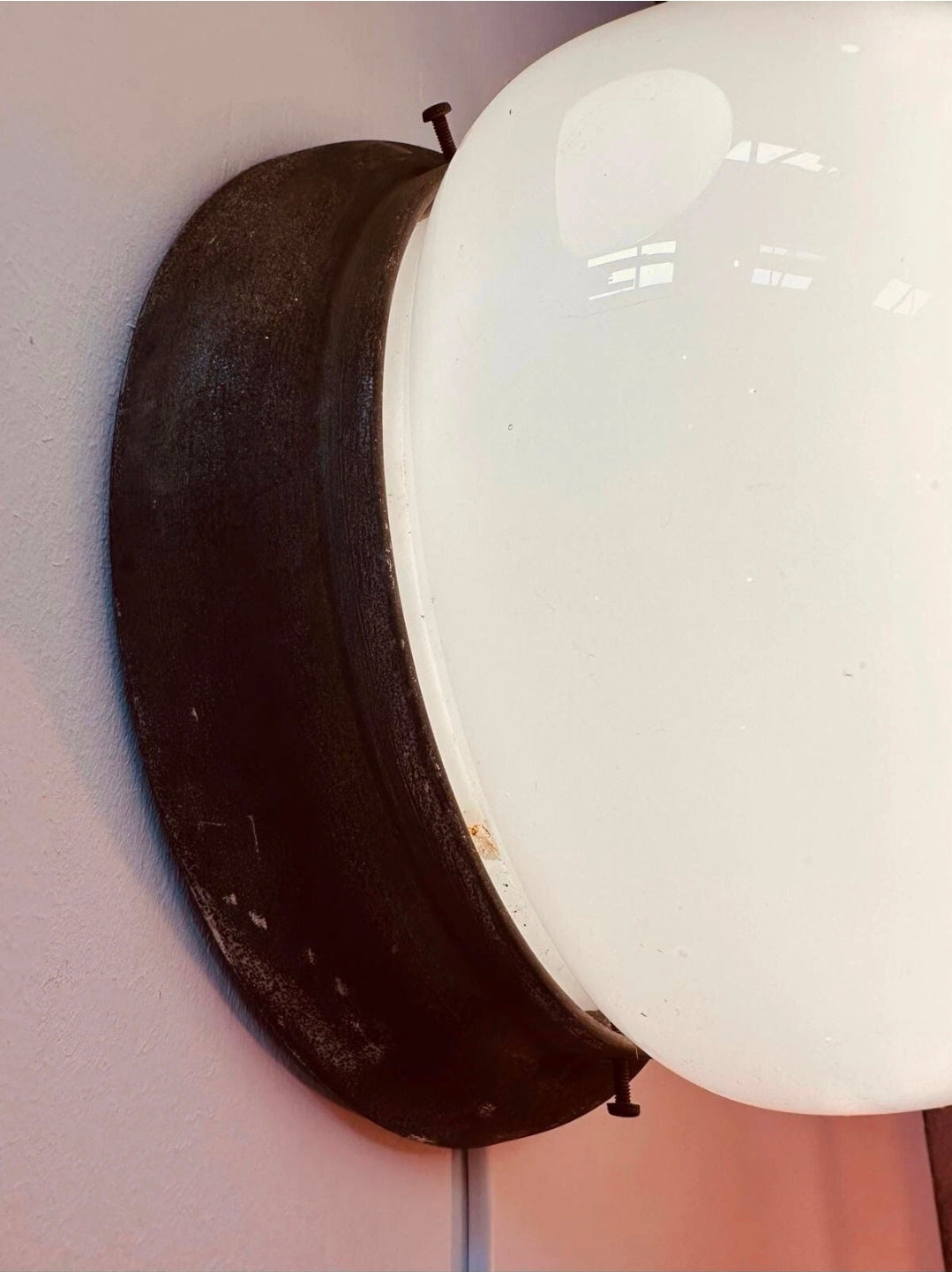 Industrial Ceiling/Wall Light. 1940's Vintage Original Opaline glass, Metal