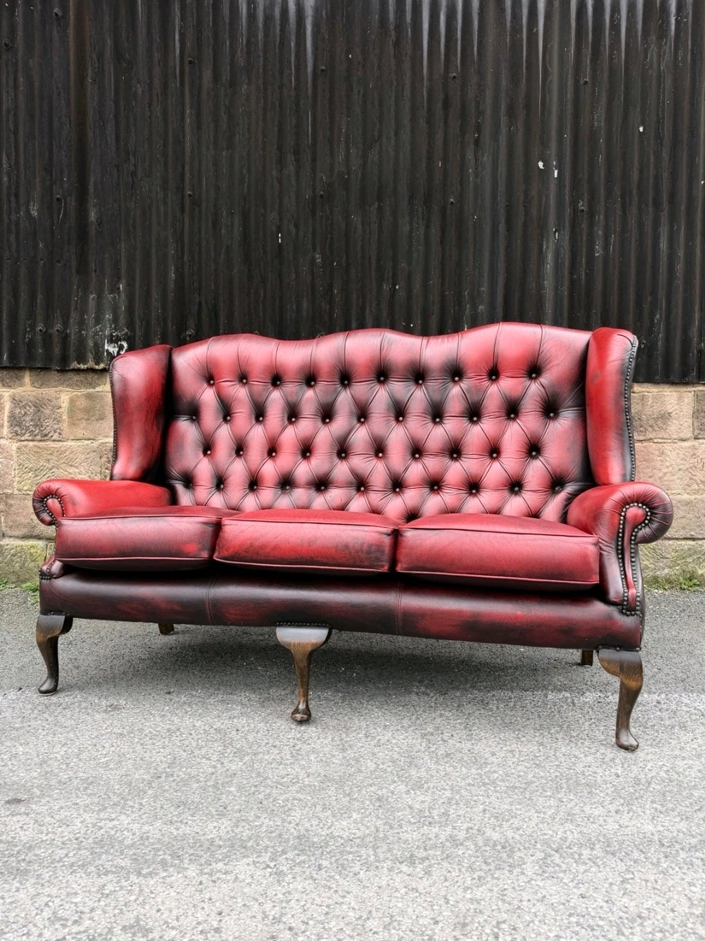Vintage Oxblood Leather Chesterfield 3 seater Wingback Sofa.