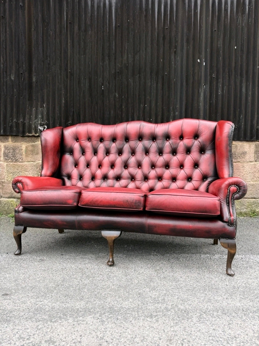 Vintage Oxblood Leather Chesterfield 3 seater Wingback Sofa.