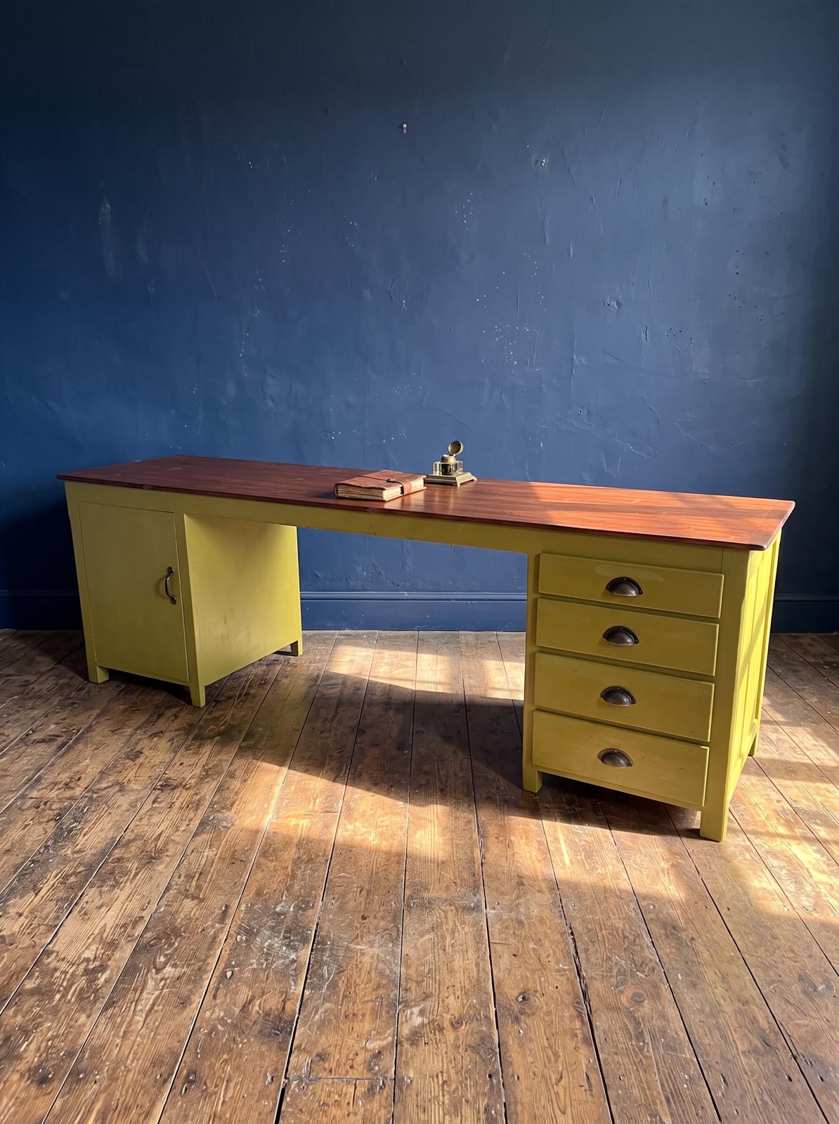 Industrial Reclaimed Large Clerks Desk. Original Paint, Statement, 8ft, Drawers