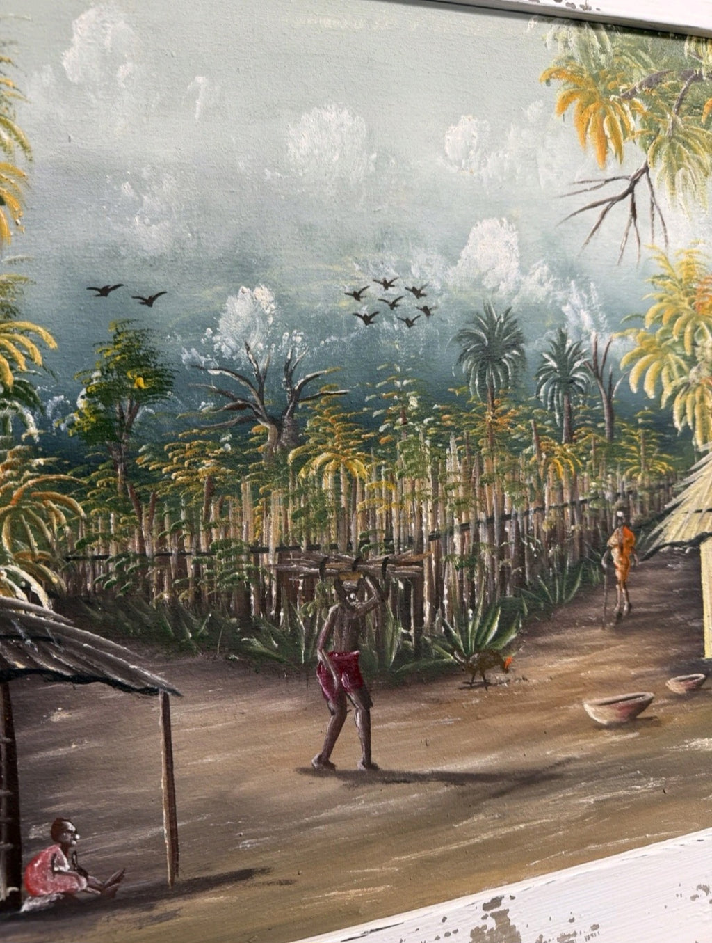 Framed Impasto Ethnic Oil Painting by A W Doe African Artist, Palm Trees, Huts