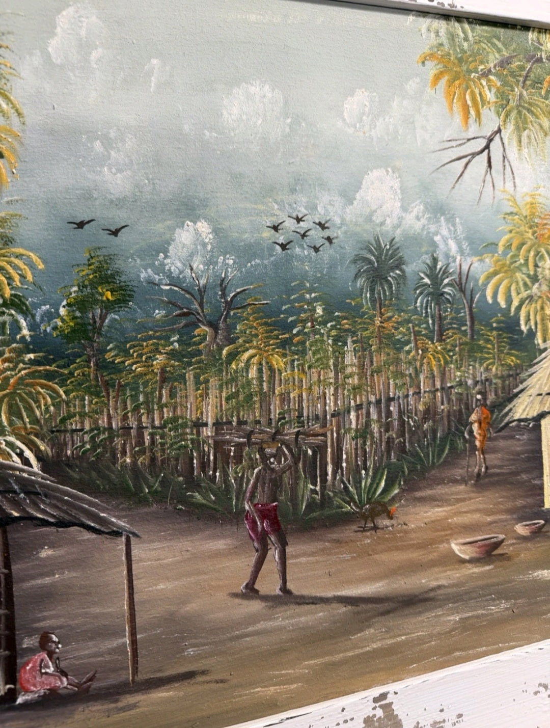 Framed Impasto Ethnic Oil Painting by A W Doe African Artist, Palm Trees, Huts