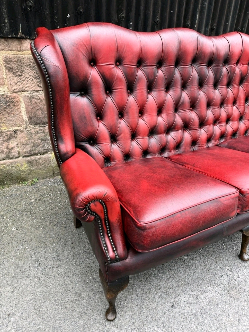 Vintage Oxblood Leather Chesterfield 3 seater Wingback Sofa.
