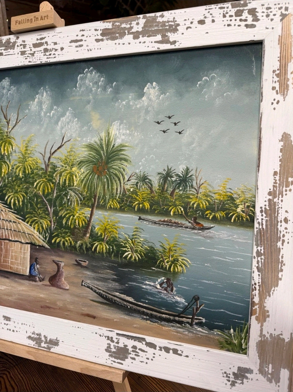 Framed Impasto Ethnic Oil Painting by A W Doe African Artist, Palm Trees, Boats