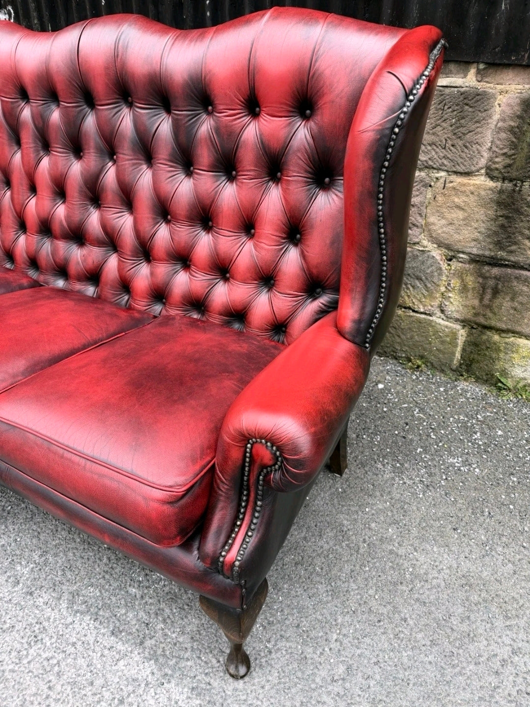 Vintage Oxblood Leather Chesterfield 3 seater Wingback Sofa.