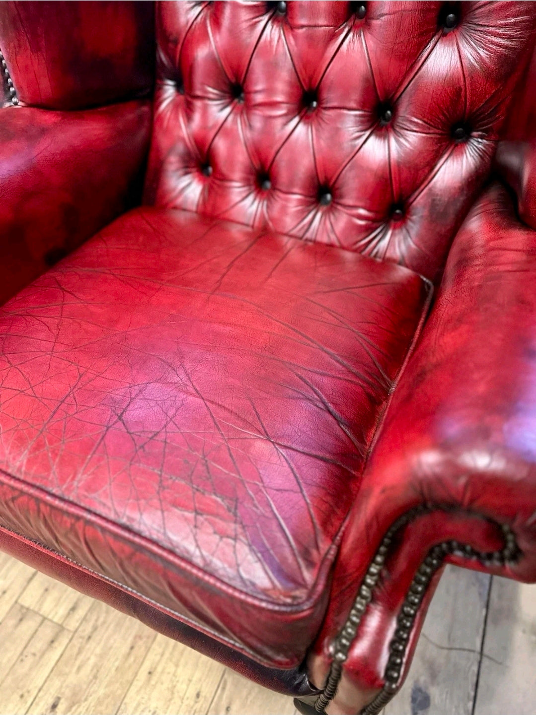 Genuine Vintage Leather Armchair,  Wingback Chesterfield, Oxblood, Tufted