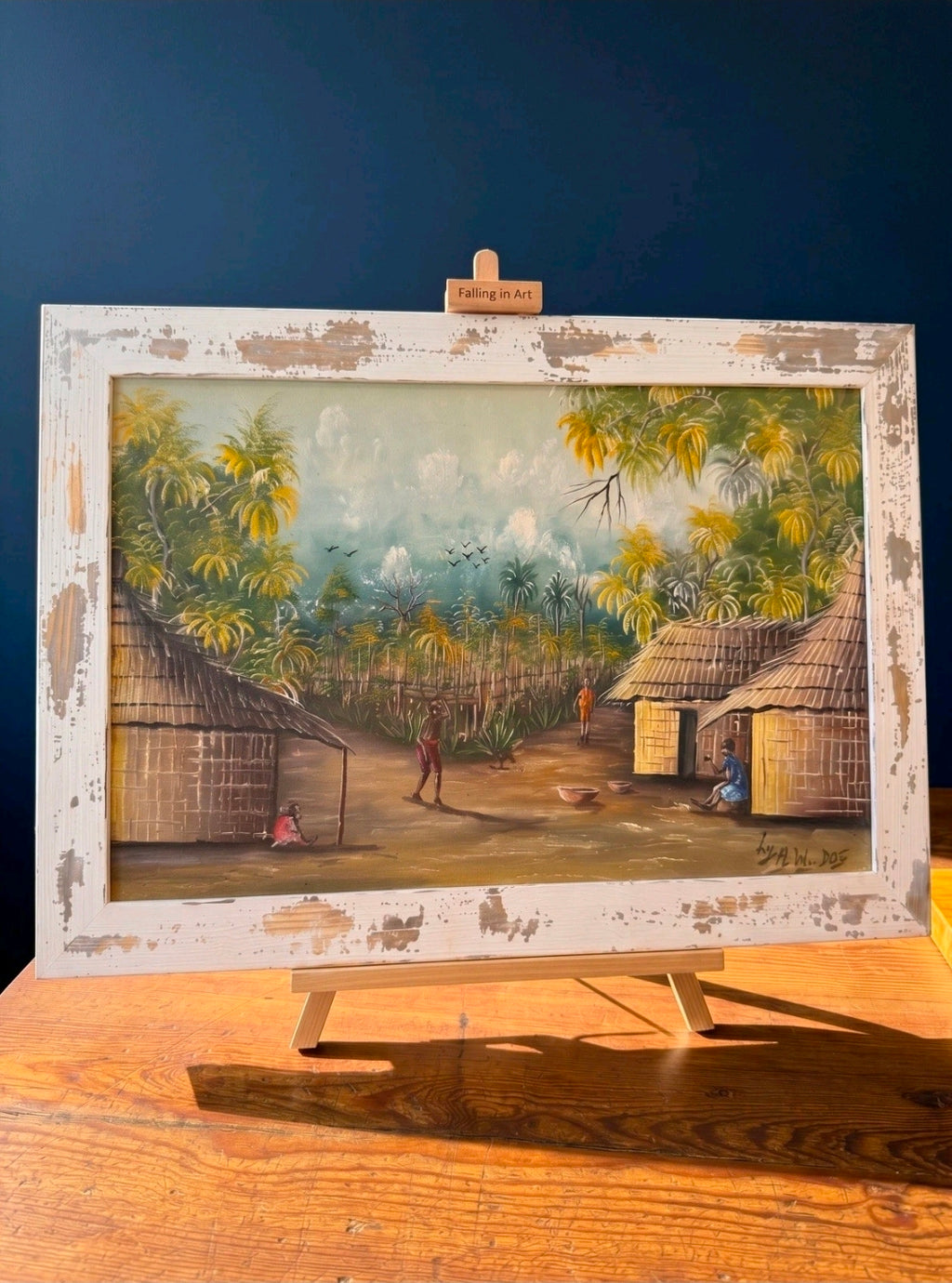Framed Impasto Ethnic Oil Painting by A W Doe African Artist, Palm Trees, Huts