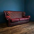 Vintage Oxblood Leather Chesterfield 3 seater Wingback Sofa, 1960s, Castors