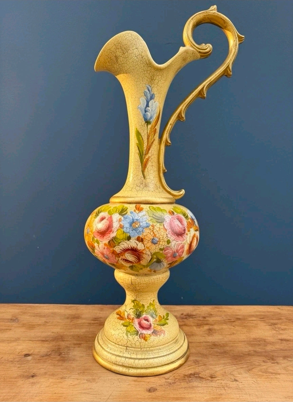 Large Vintage Italian Hand Painted Ceramic Pitcher Vase. Flowers, Display