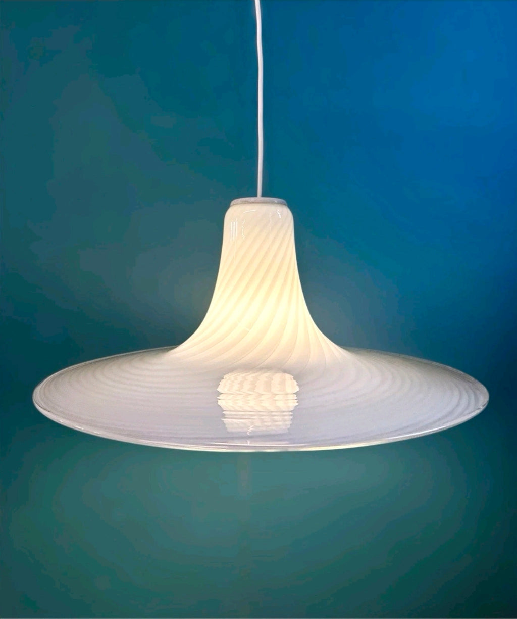 Vintage Murano Glass Swirl Pendant Light. 1970s, White, Transparent, Feature