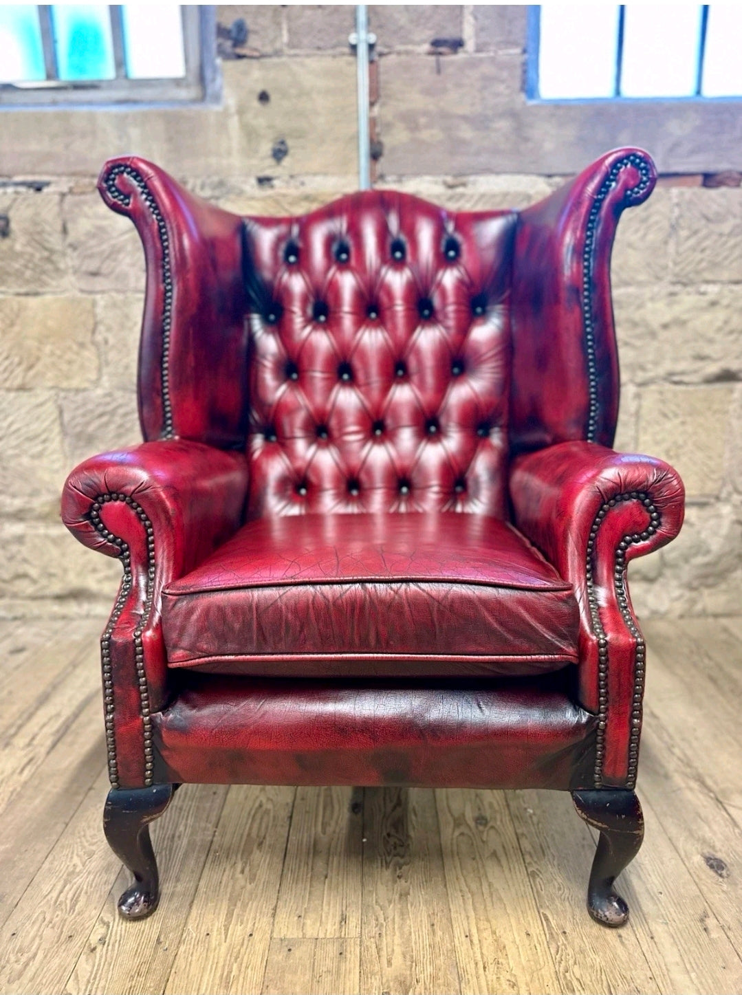Genuine Vintage Leather Armchair,  Wingback Chesterfield, Oxblood, Tufted