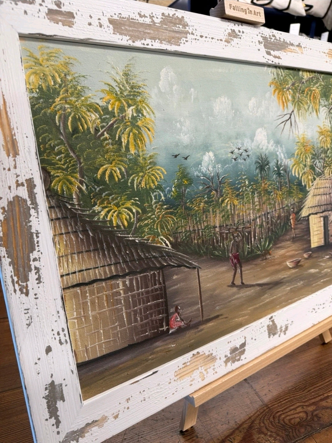 Framed Impasto Ethnic Oil Painting by A W Doe African Artist, Palm Trees, Huts