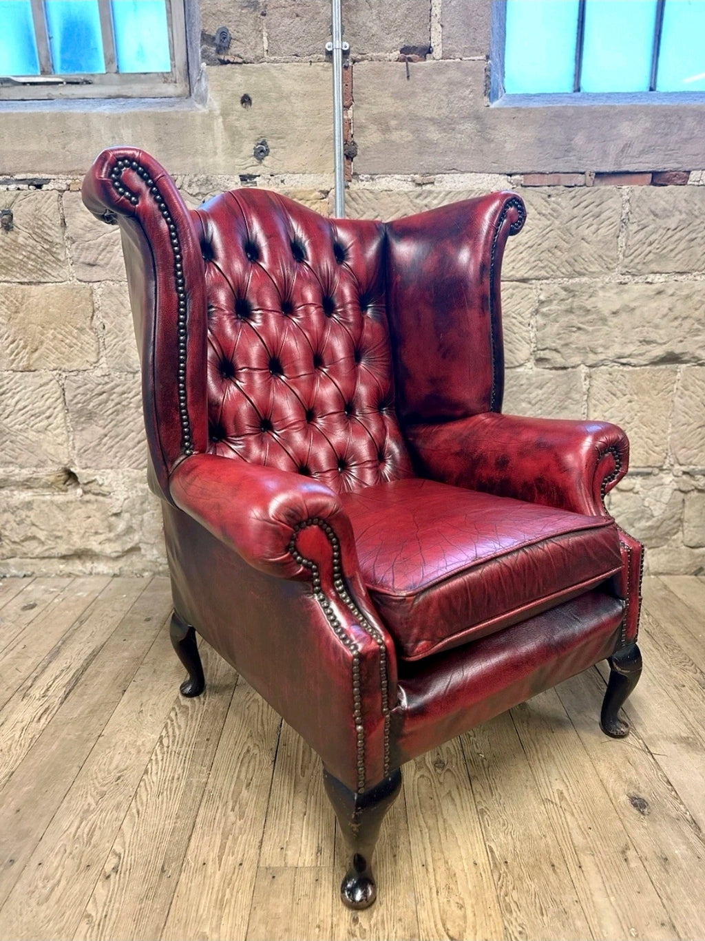 Genuine Vintage Leather Armchair,  Wingback Chesterfield, Oxblood, Tufted