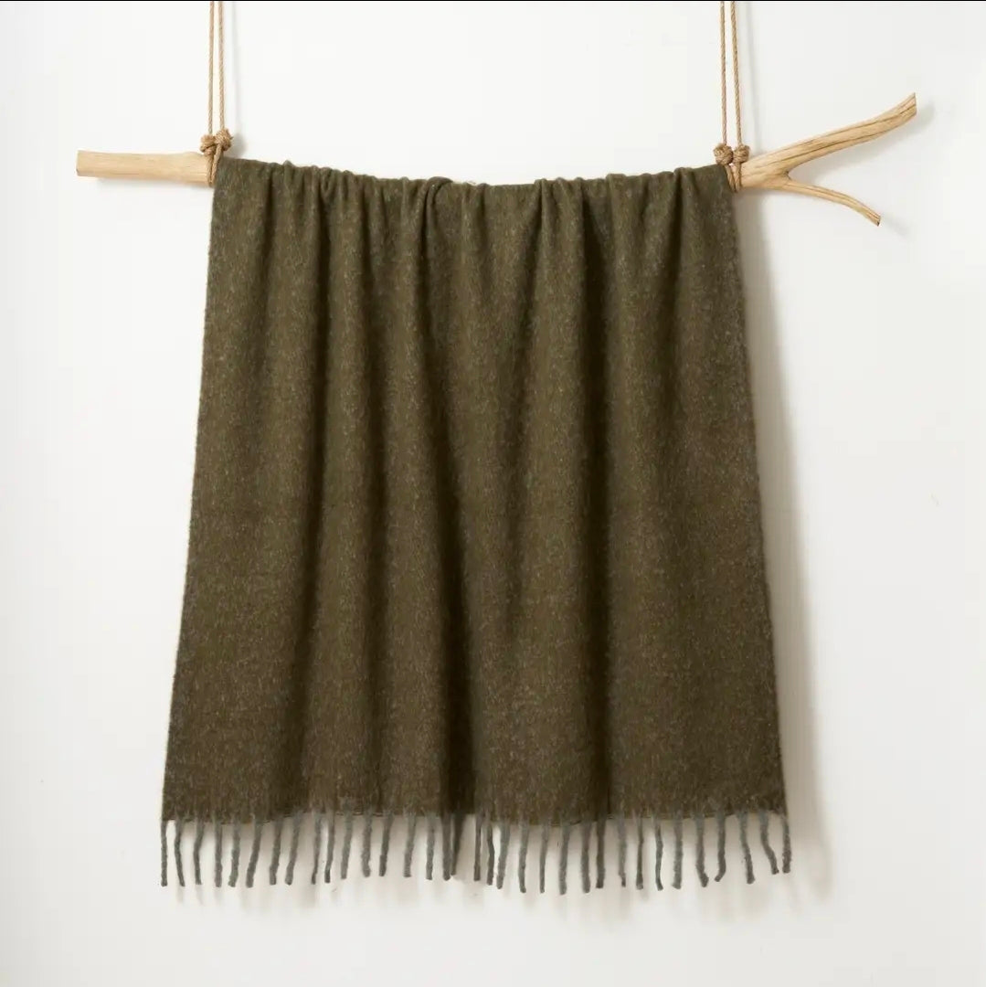 Aisling Faux Mohair Throw - Soft, Stylish Fringed Blanket in (Moss Green)