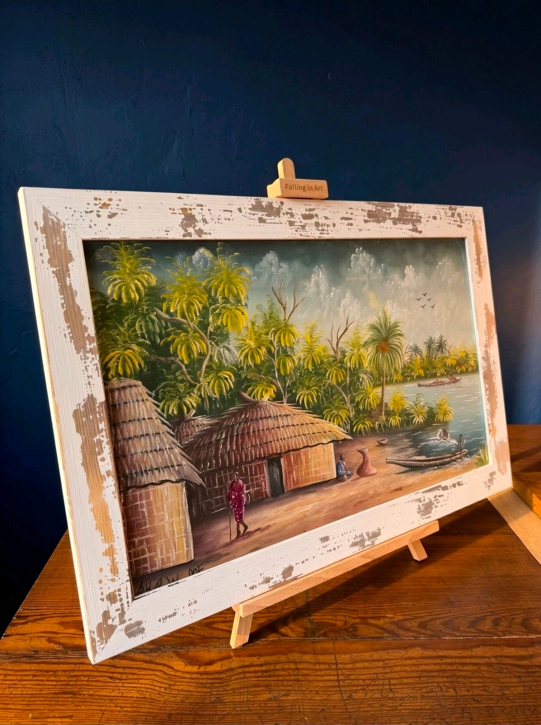 Framed Impasto Ethnic Oil Painting by A W Doe African Artist, Palm Trees, Boats