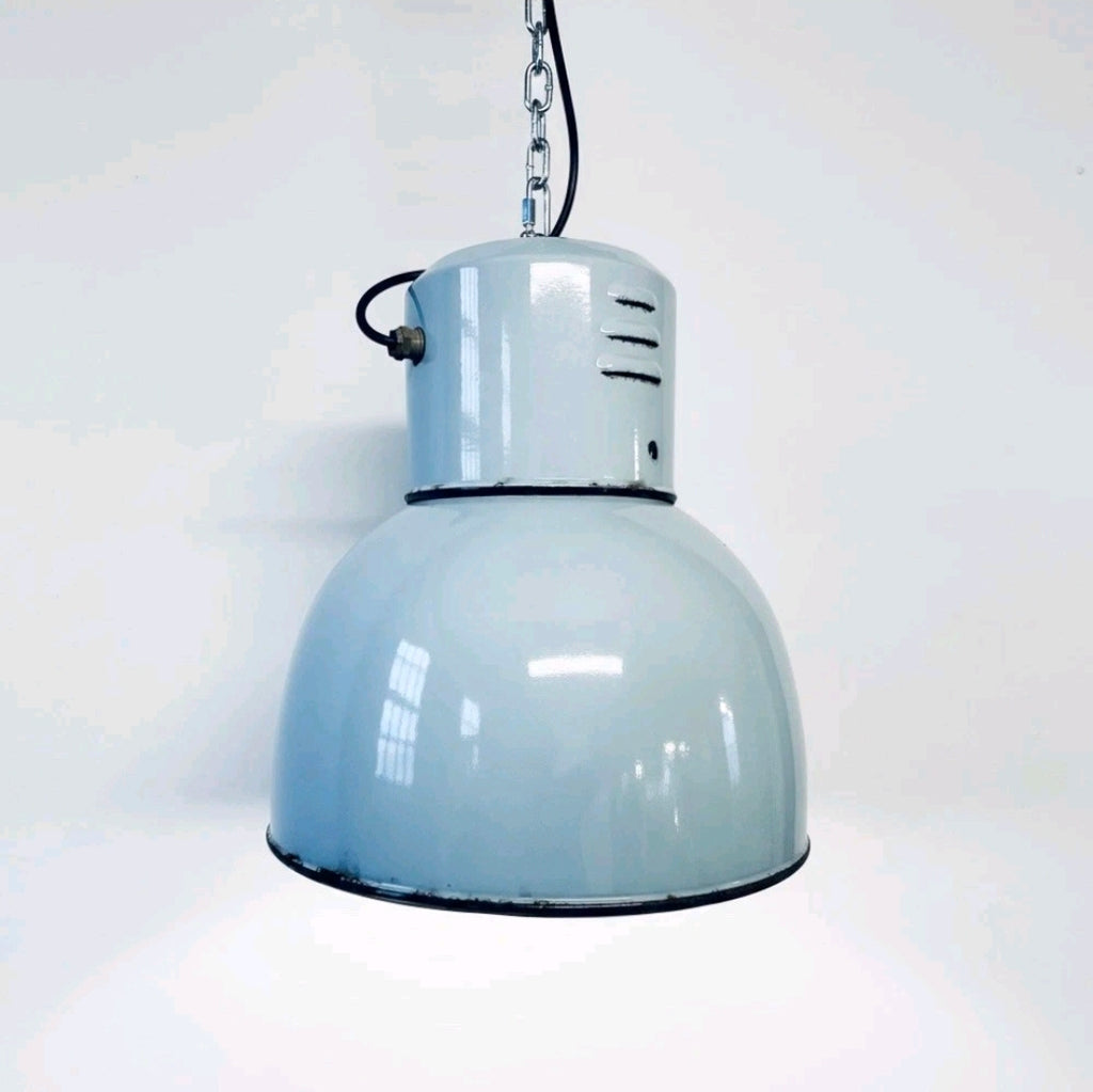 Original 1950s Industrial Italian Fiat Factory Enamel Pendant Light, Grey, Rare