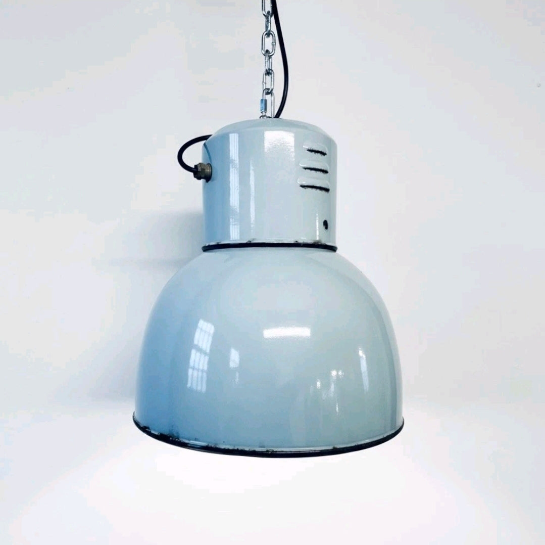 Original 1950s Industrial Italian Fiat Factory Enamel Pendant Light, Grey, Rare