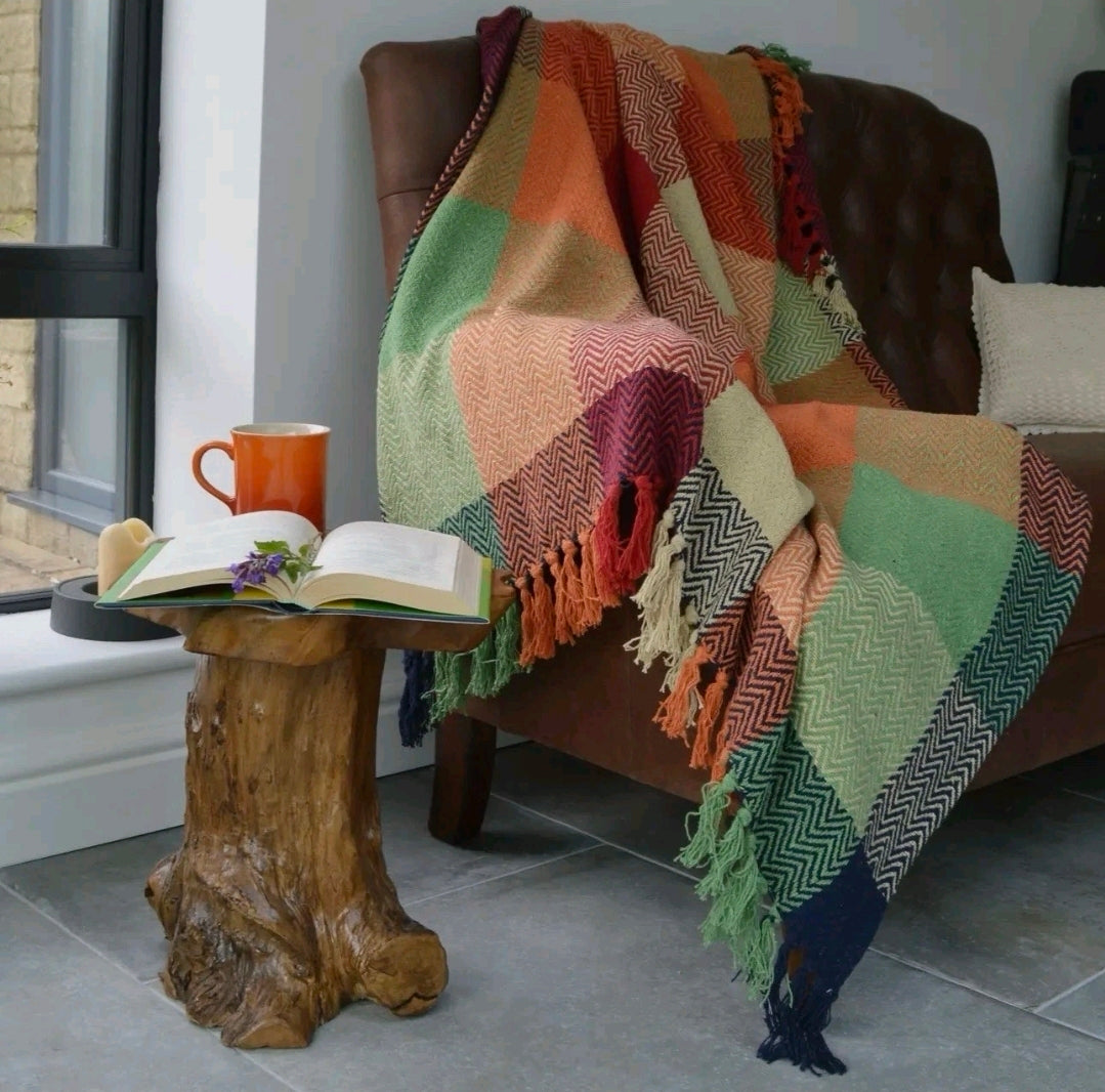 Extra Large Check Throw, Herringbone, Multicoloured Blanket 100% Cotton