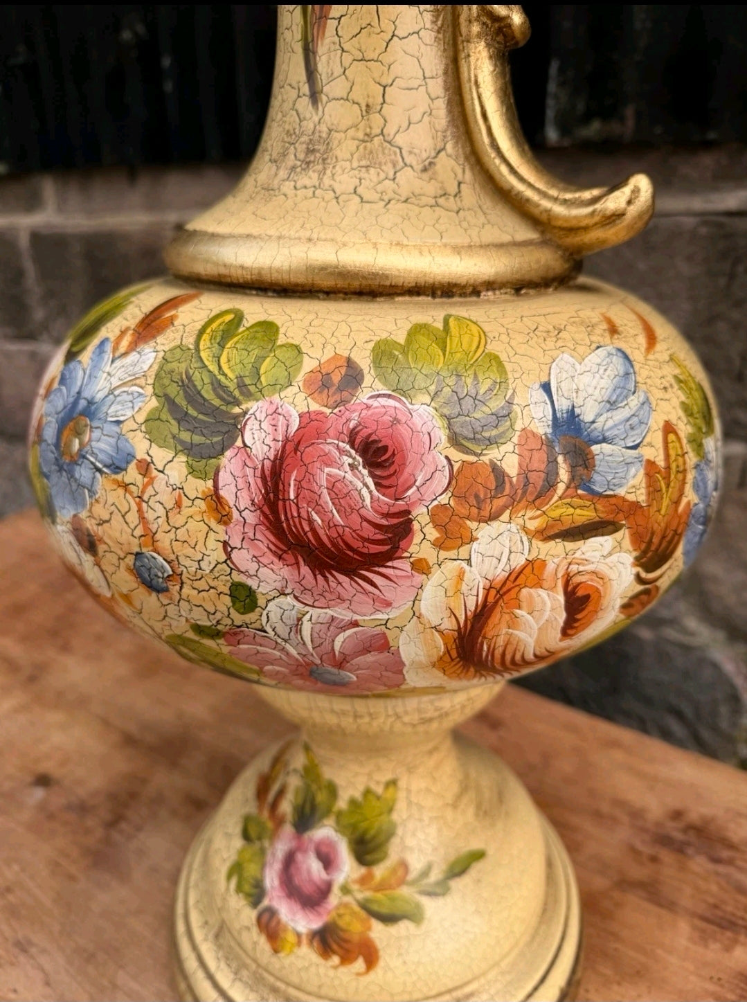 Large Vintage Italian Hand Painted Ceramic Pitcher Vase. Flowers, Display