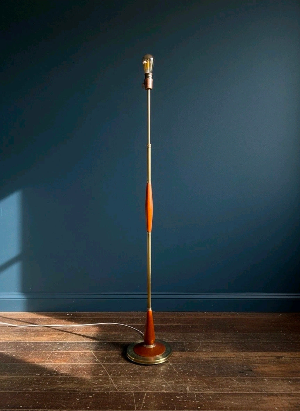 Mid-Century Danish Teak & Brass Floor Lamp, Original, Round Base