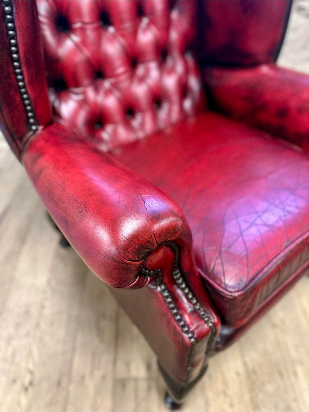Genuine Vintage Leather Armchair,  Wingback Chesterfield, Oxblood, Tufted