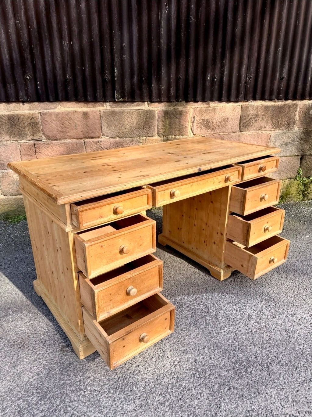 Waxed Solid Pine Twin Pedestal Desk Traditional Rustic, Study, Drawers, Office