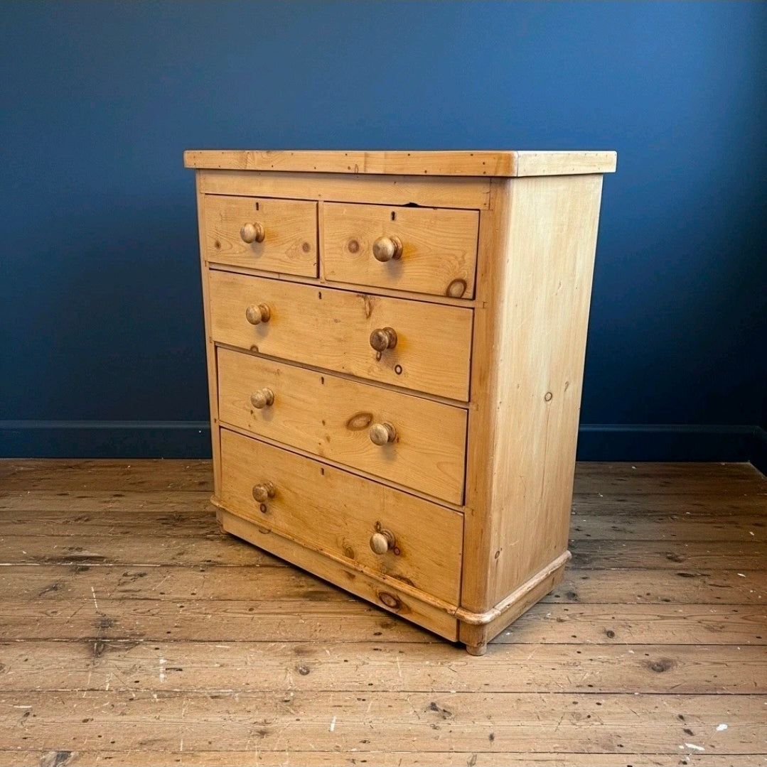 Antique Victorian Pine Chest Of Drawers, Original, 2 Over 3 Drawers, Bedroom