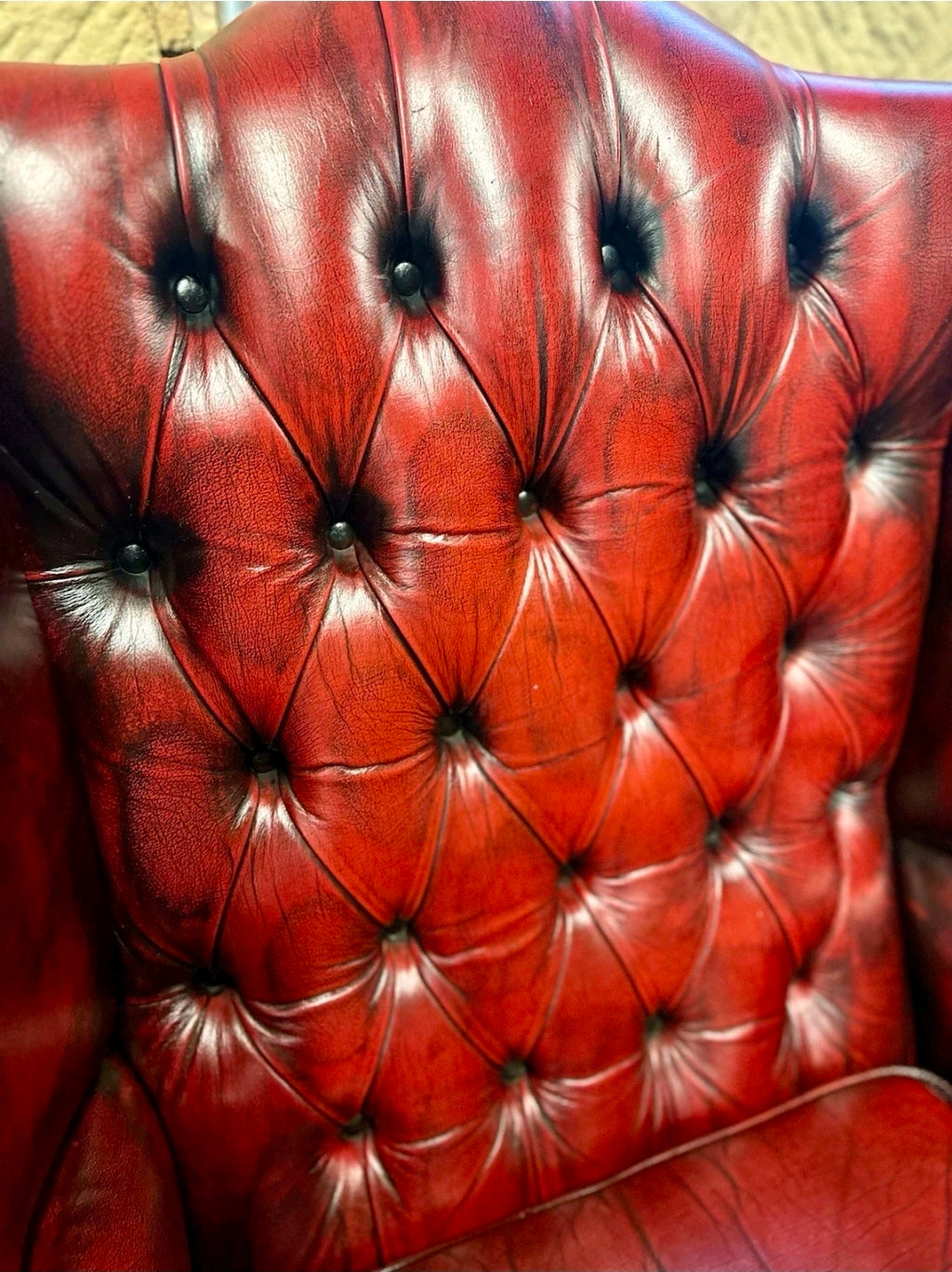 Genuine Vintage Leather Armchair,  Wingback Chesterfield, Oxblood, Tufted