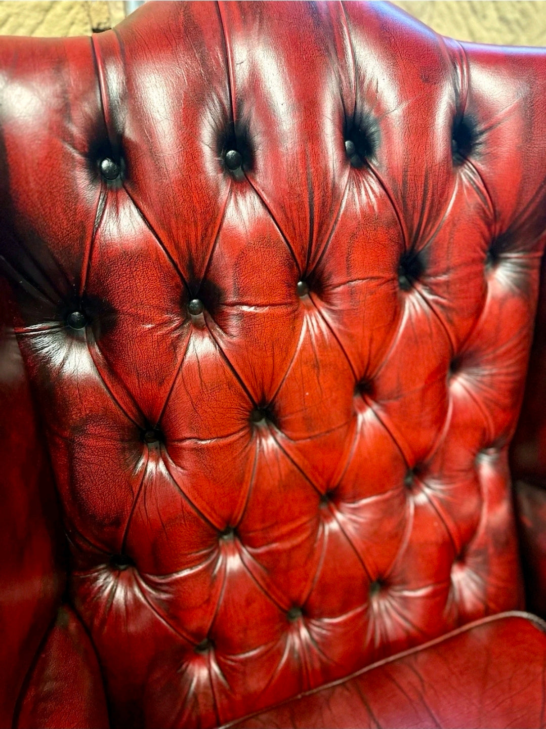 Genuine Vintage Leather Armchair,  Wingback Chesterfield, Oxblood, Tufted