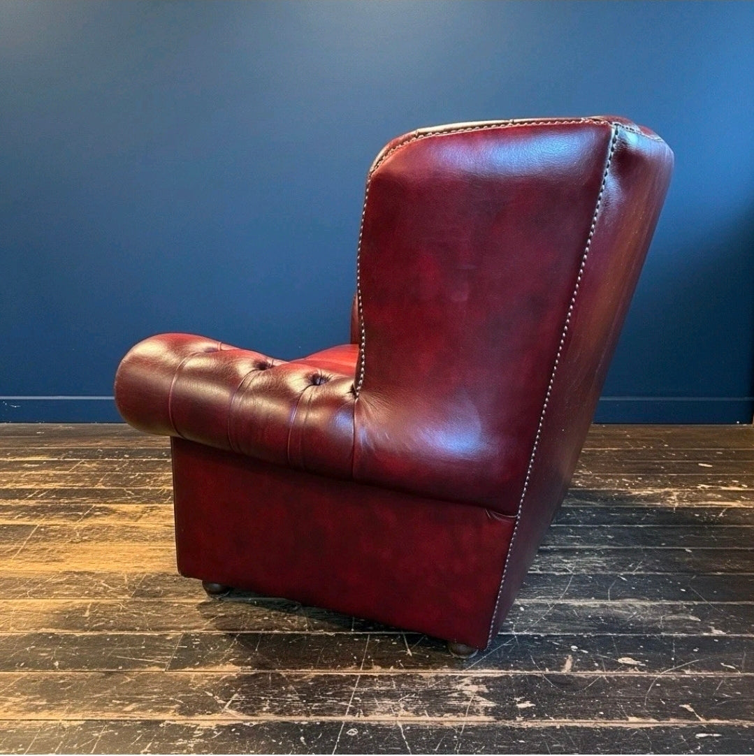 Vintage Oxblood Leather Chesterfield 3 seater Wingback Sofa, 1960s, Castors
