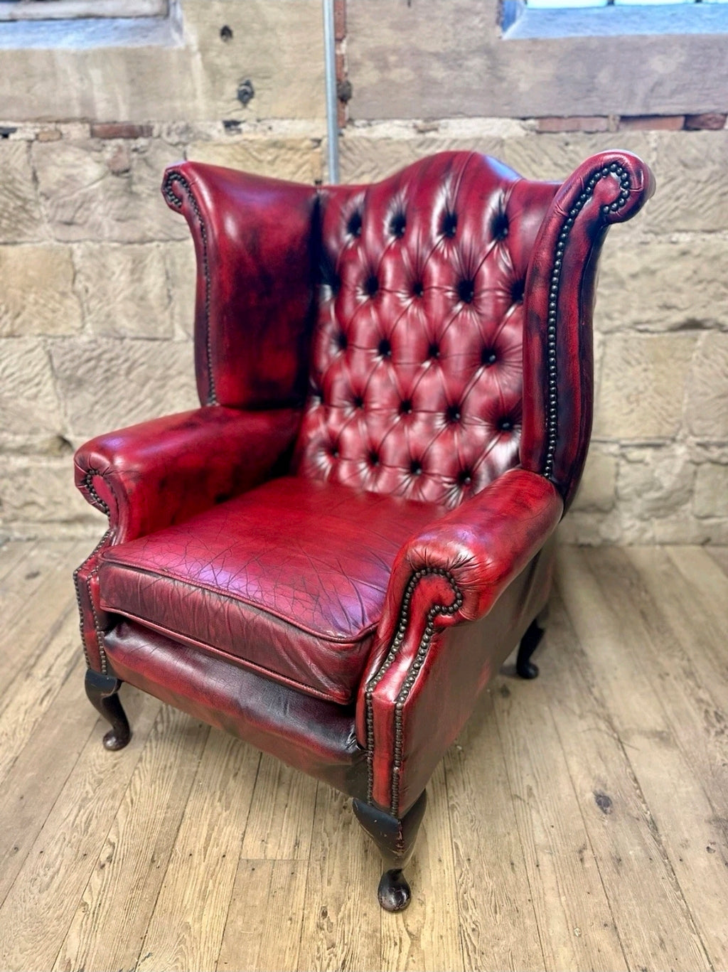 Genuine Vintage Leather Armchair,  Wingback Chesterfield, Oxblood, Tufted