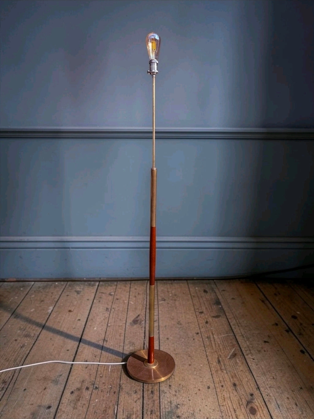 Mid-Century Danish Teak & Brass Floor Lamp, Original, Round Base