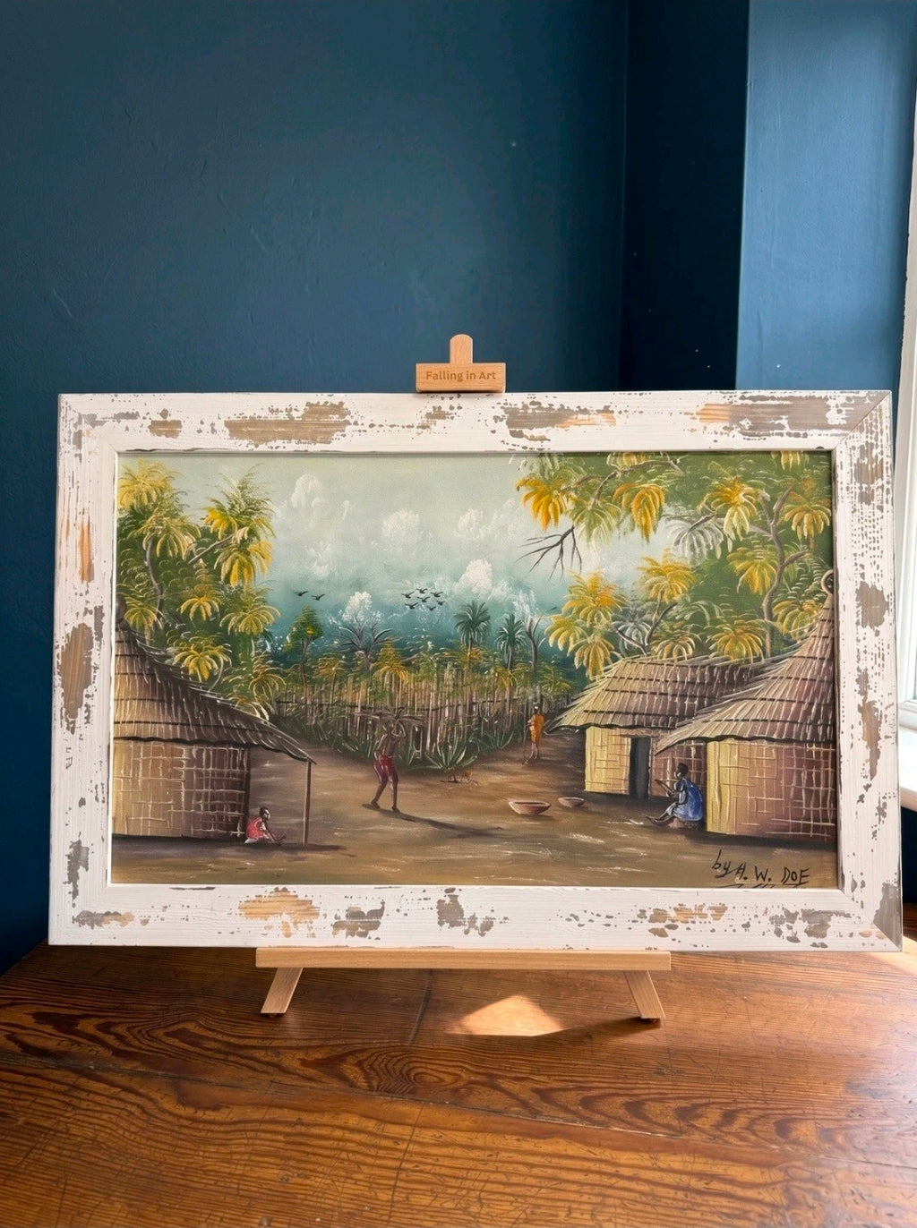Framed Impasto Ethnic Oil Painting by A W Doe African Artist, Palm Trees, Huts
