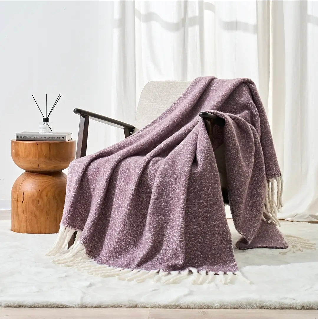 Aisling Faux Mohair Throw - Soft, Stylish Fringed Blanket in (Thistle)