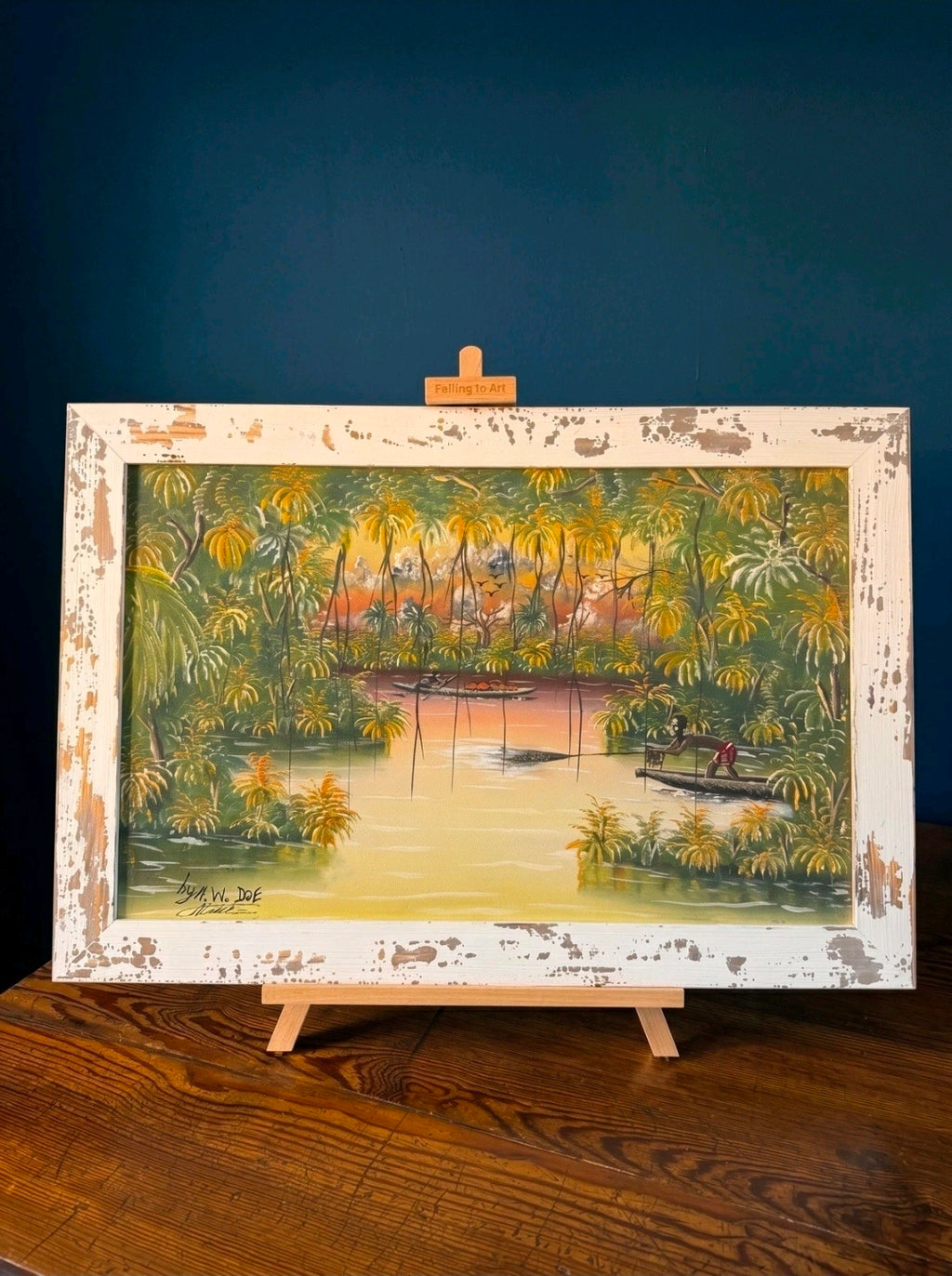 Framed Impasto Ethnic Oil Painting by A W Doe African Artist, Palm Trees, Boats