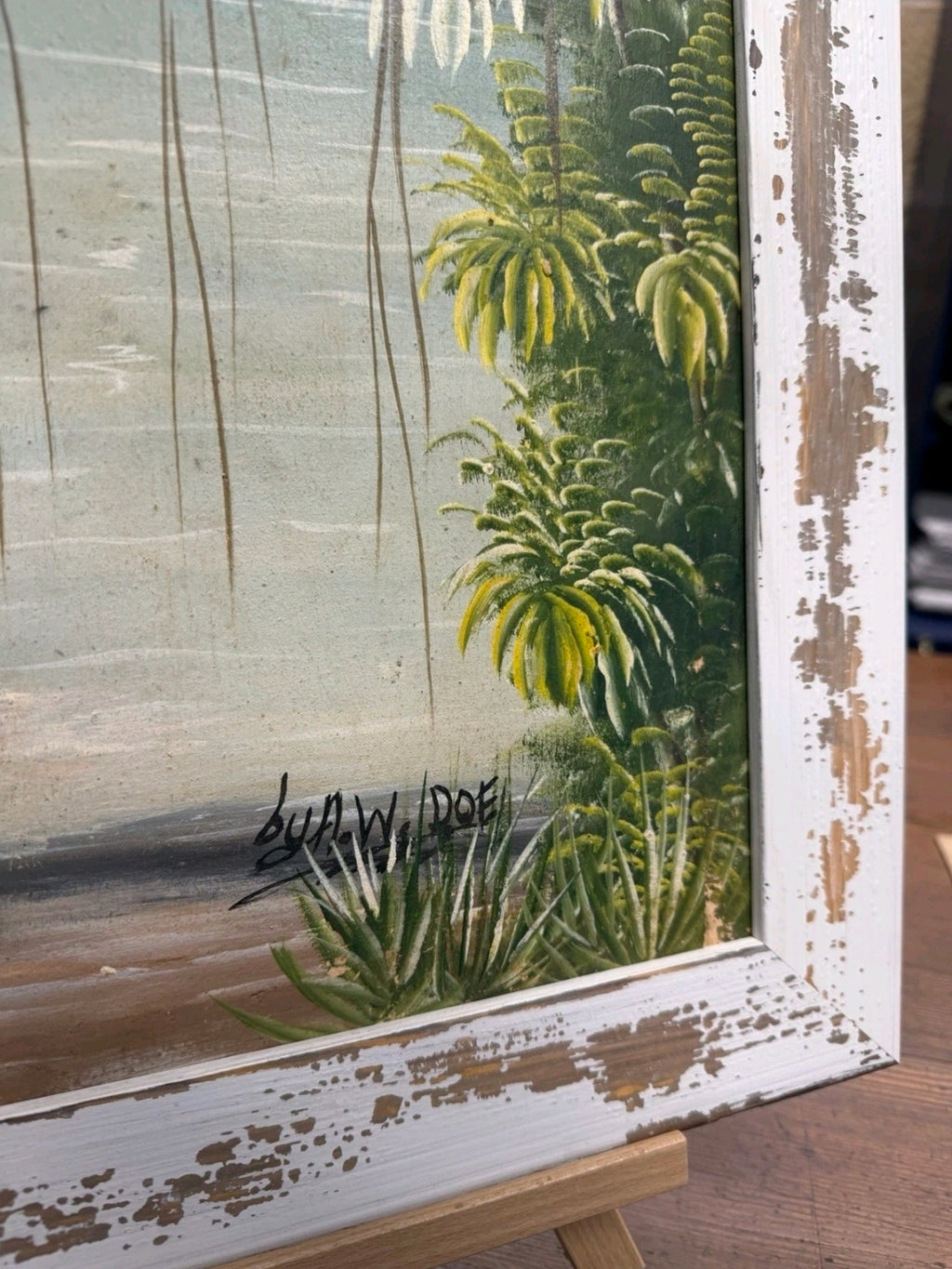 Framed Impasto Ethnic Oil Painting by A W Doe African Artist, Palm Trees, Lady