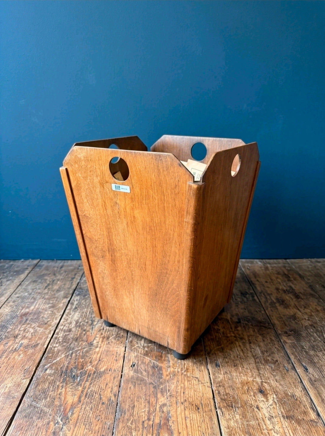Rare Vintage Riva Teak Ply Waste Paper Bin, Storage Basket Mid Century.  MCM