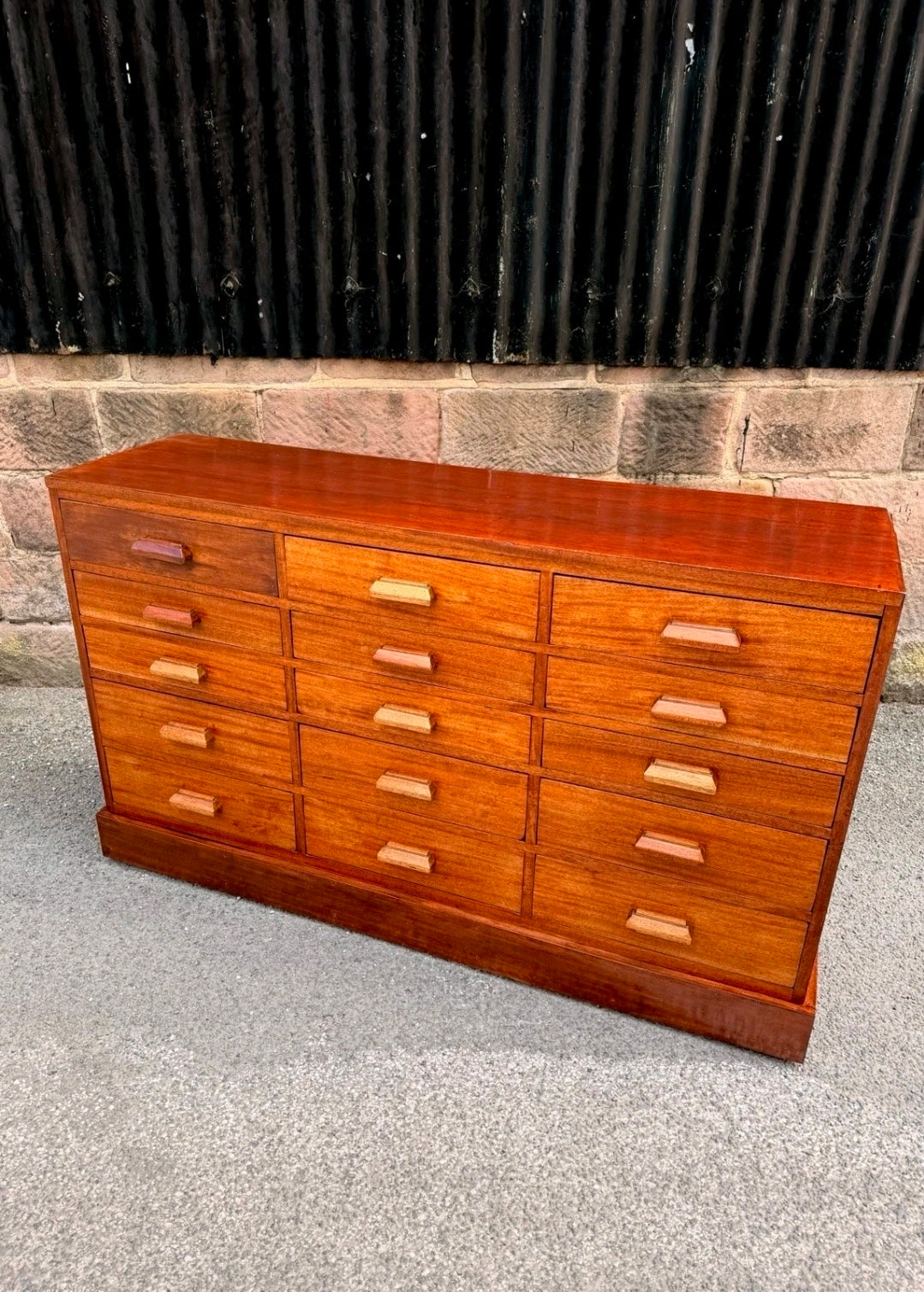 Vintage Mid Century Iroko Wood Science Lab Bank Of Drawers. 1950s, Industrial