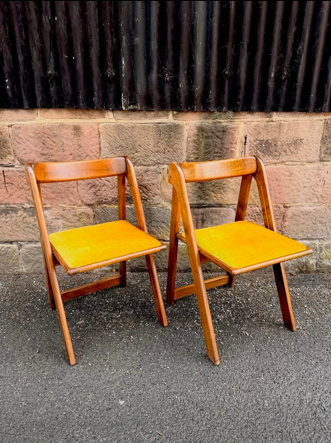 Mid‑Century Italian Beech Folding Chairs with Upholstered Seats