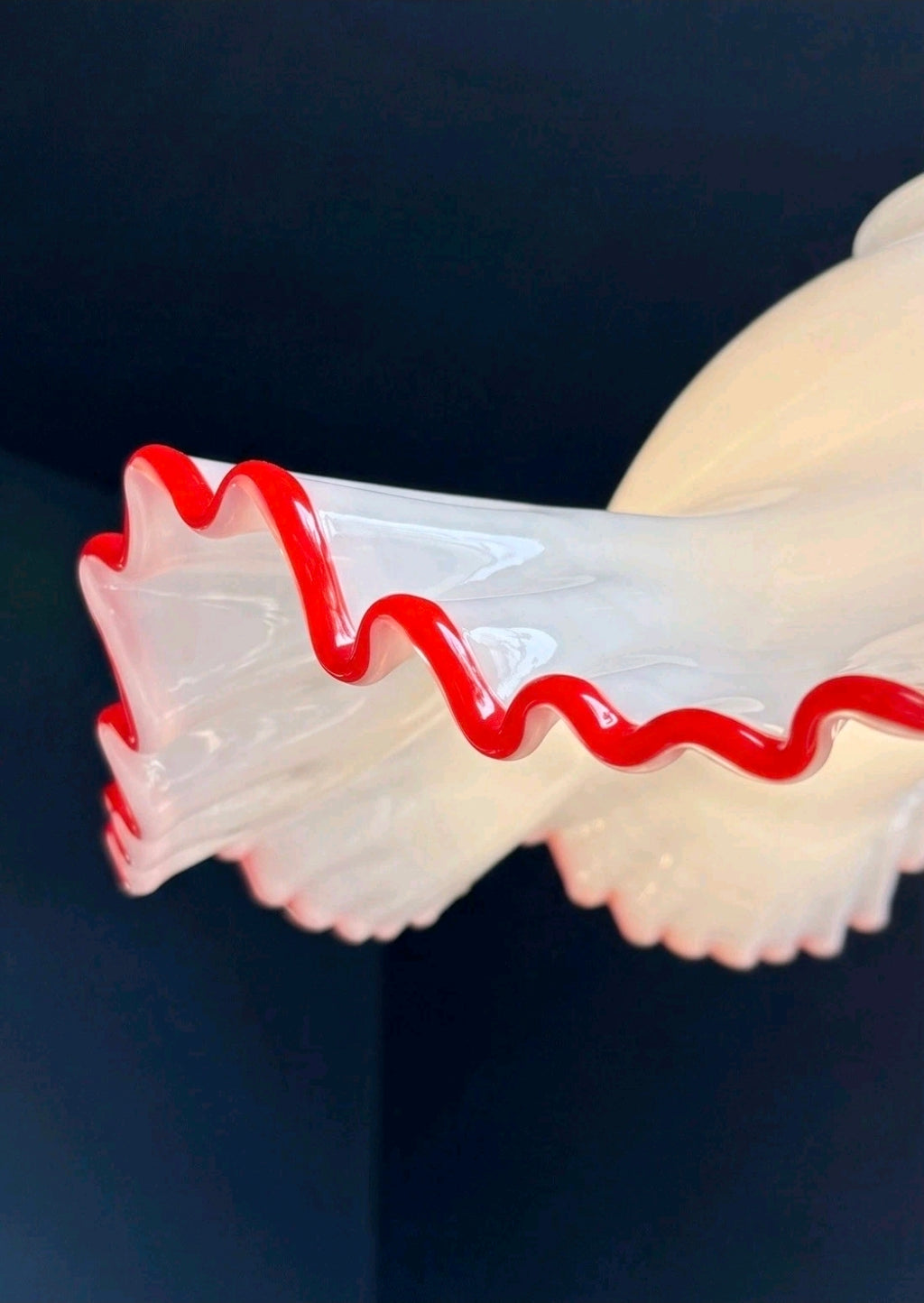 Original Rare Murano Glass Ruffle Pendant Light. 1960s White, Red, Feature Light