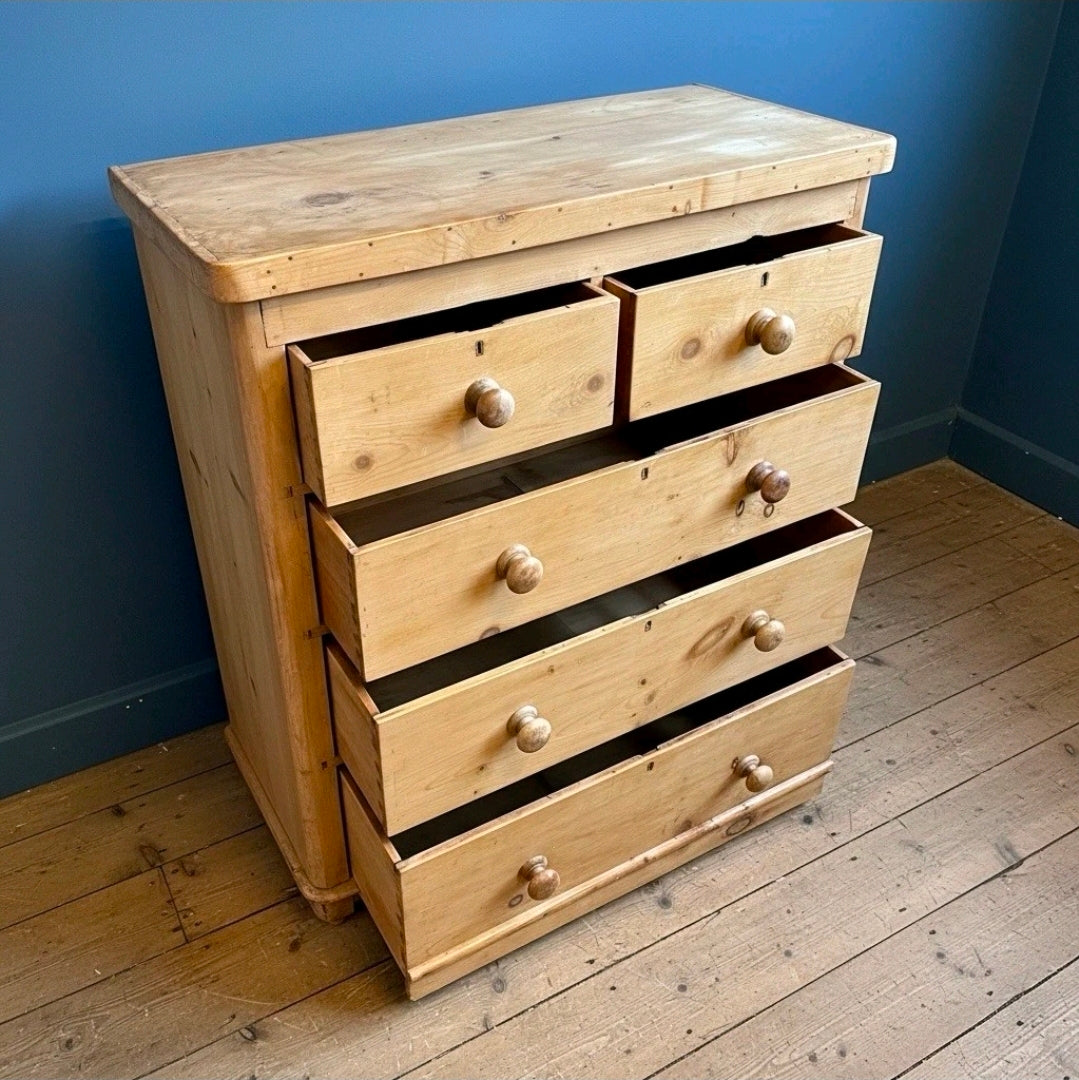 Antique Victorian Pine Chest Of Drawers, Original, 2 Over 3 Drawers, Bedroom