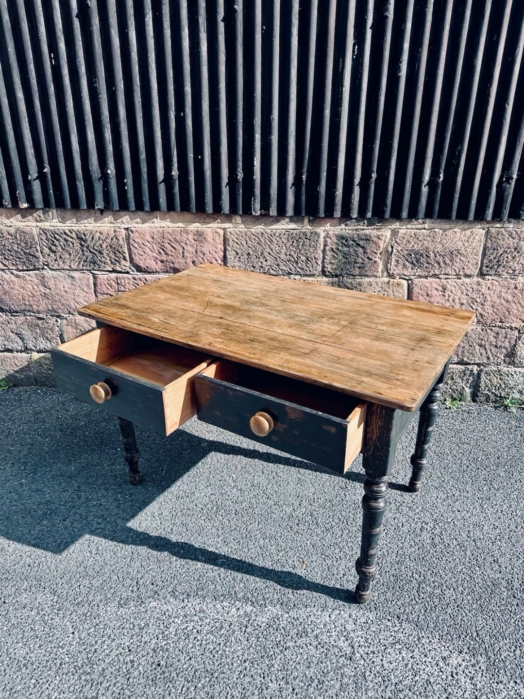Antique French Oak Top Table. 2 Drawers. Kitchen, Dining, Original Paint